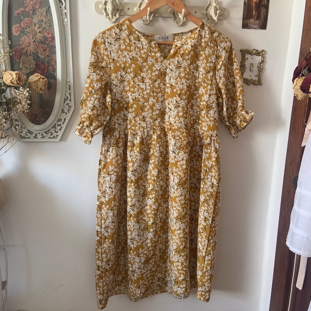 Mustard Floral Tiered Midi Dress